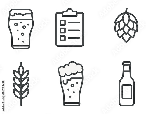 Beer icons set: glass, bottle, hop, wheat, checklist - dark background
