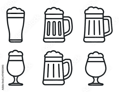 Set of beer glass icons on dark background with foam details
