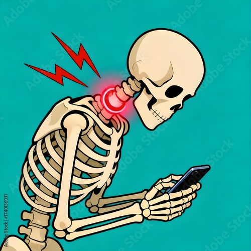 Skeleton design presenting pain from bad phone posture 