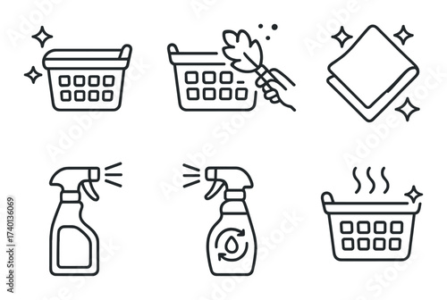 Laundry and cleaning icons: basket, cloth, spray bottle