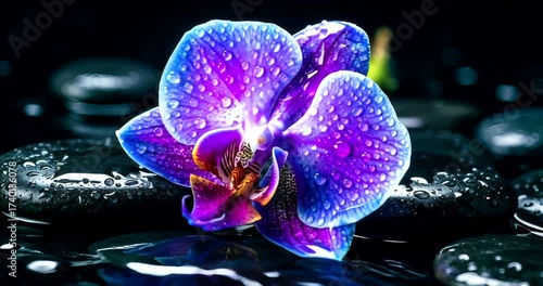 Vibrant purple orchid resting on smooth black stones with water droplets (1)