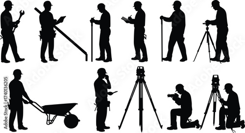 Silhouettes of construction and surveyor workers using equipment, working with tools, tripods, and clipboards, engineering, jobsite, teamwork, planning.