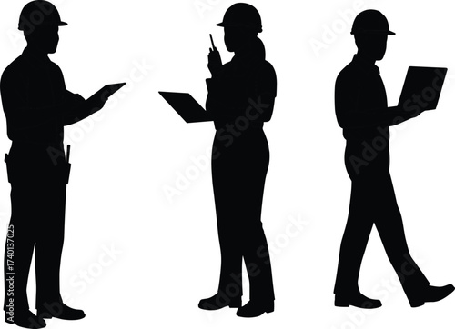 Silhouettes of construction workers with hard hats, clipboards, walking, inspecting, vector illustration for safety, labor, engineering, industry, design