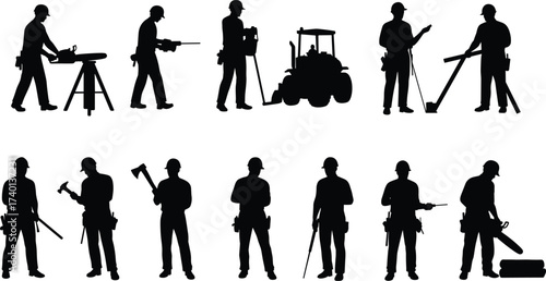 Silhouettes of construction workers using tools, machinery, hard hats, vector illustration for labor, safety, engineering, industrial, repair, design