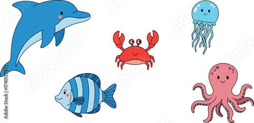 Cute Cartoon Ocean Animals Dolphin Fish Crab Jellyfish Octopus Keywords: dolphin, fish, crab, jellyfish, octopus, ocean, sea, marine life, animal, cartoon, cute, illustration, drawing, character