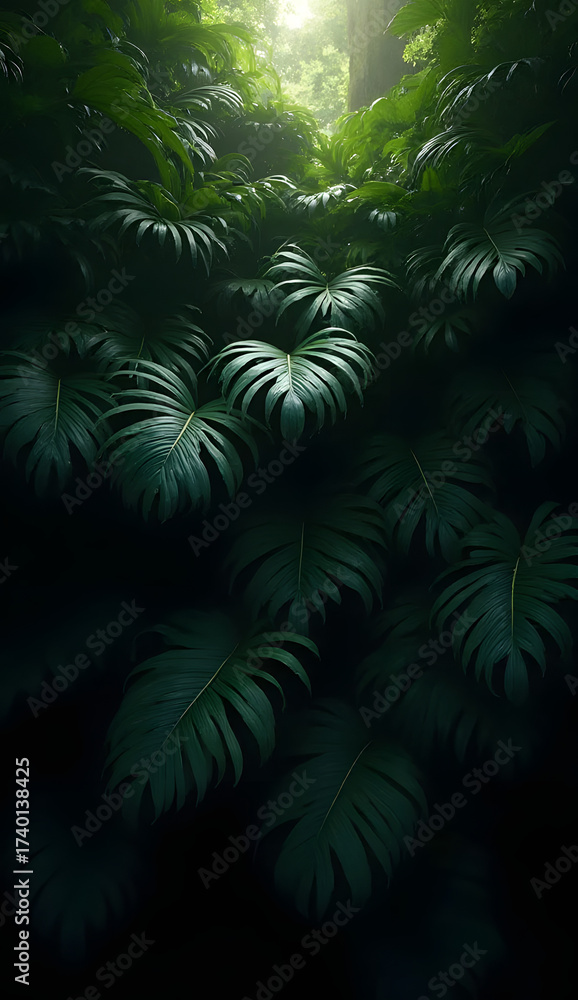 Fototapeta premium A dense cluster of dark green tropical leaves, layered densely to create a sense of depth. The leaves are varying shades of dark green, with a glossy and matte contrast. The sunlight peeks through the