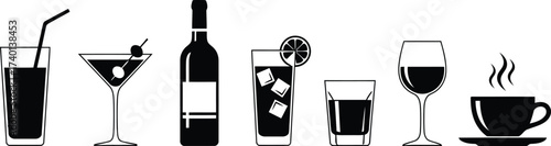 Assortment of Beverage Icons Including Cocktails, Wine, Coffee, and Bottle drink martini