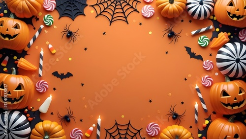 Festive Halloween Background with Spooky Border Elements and Empty Center