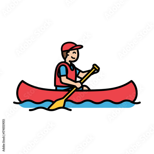 Cartoon illustration of a person happily paddling a canoe on water.