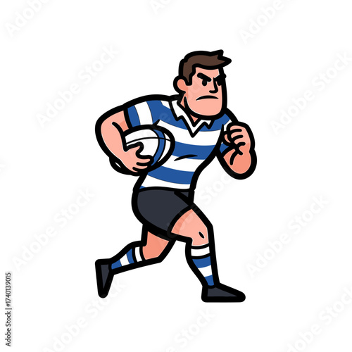 Cartoon rugby player running with the ball, determined expression, wearing a blue and white striped jersey.