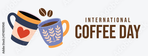 Stylized illustration depicts two coffee mugs clinking with floating beans to celebrate International Coffee Day.