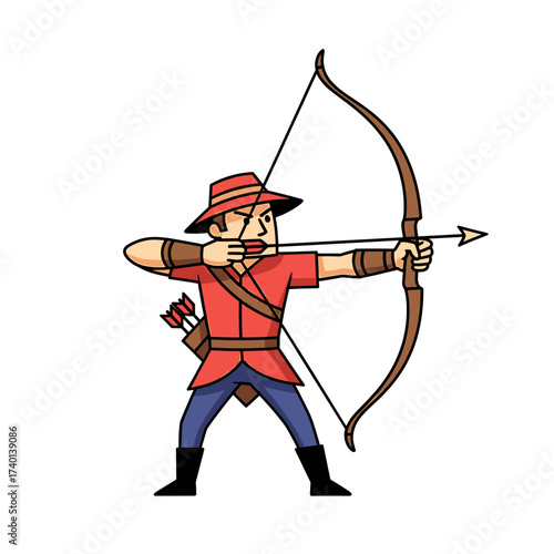 Cartoon archer drawing back a bow and arrow, aiming at a target. He is dressed in medieval clothing.