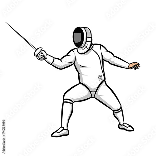 A stylized illustration of a fencer in a competitive stance, holding a foil, ready to engage.