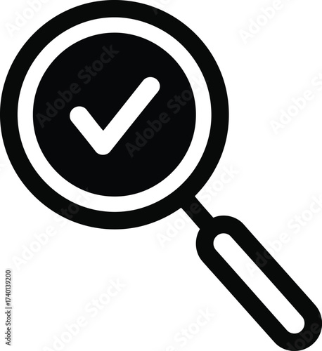 Magnifying glass with check mark icon on white background search find