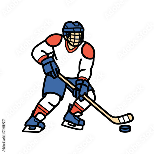 An ice hockey player wearing a helmet and uniform is about to hit the puck with his stick.