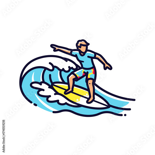 Surfer rides a wave on a yellow surfboard, wearing patterned shorts and a blue shirt.