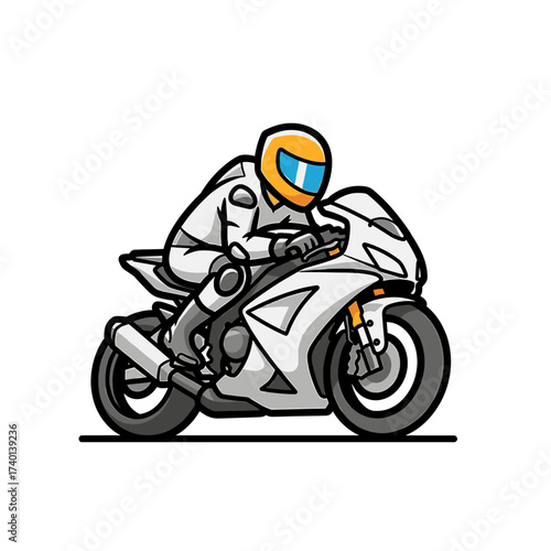 A cartoon illustration showing a motorcyclist riding a sleek, white sport bike at speed.