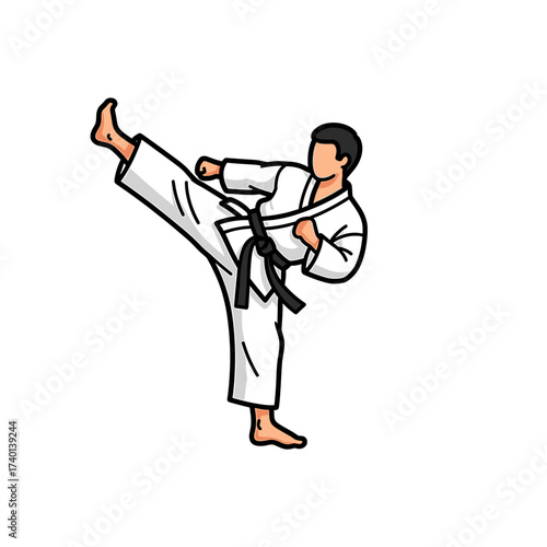 A karate practitioner in white uniform and black belt executes a front kick, demonstrating martial arts.