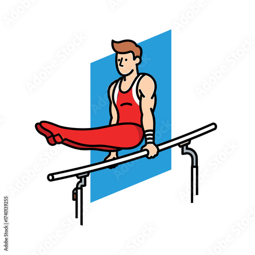 A muscular gymnast performing a challenging parallel bars routine, demonstrating balance and strength.