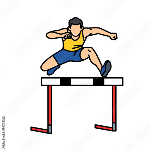 An athlete in mid-air, leaping over a hurdle during a track and field competition.