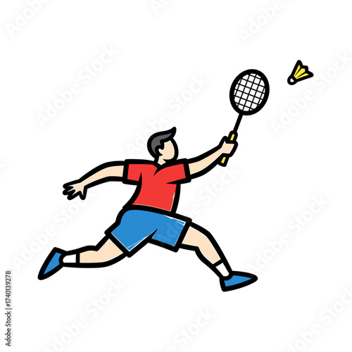 Cartoon illustration of a man playing badminton, swinging his racket to hit the shuttlecock.