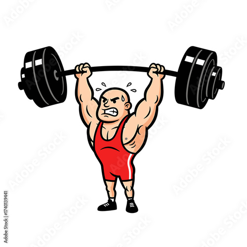 A muscular man strains to lift a heavy barbell overhead, showing determination and effort.