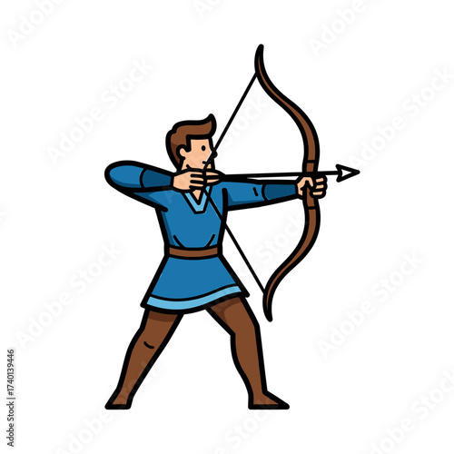 A cartoon illustration of an archer in blue aiming an arrow with a bow.