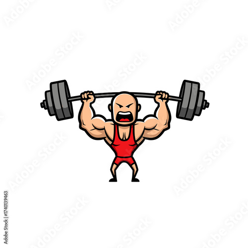 A muscular weightlifter strains to lift a heavy barbell overhead, showing effort.