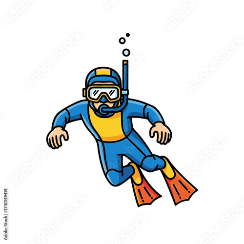 Cartoon illustration of a diver in a blue and yellow wetsuit, mask, snorkel, and fins, swimming underwater with bubbles.