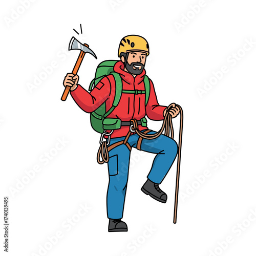 Cartoon illustration of a mountaineer with a backpack, helmet, axe, and rope, striking a triumphant pose.