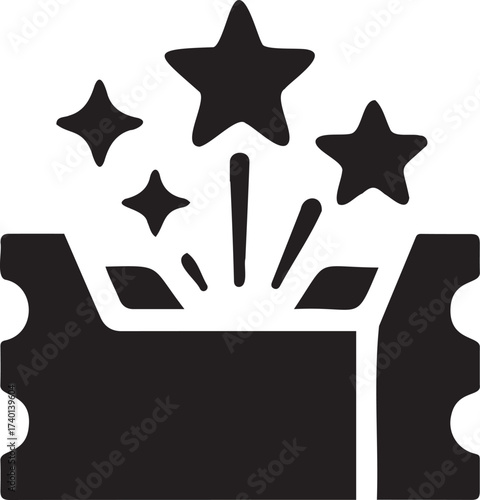 A black icon depicting a ticket with stars bursting from the top, symbolizing a special event, celebration, or prize, isolated on transparent background