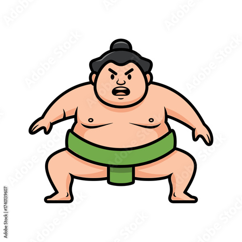Cartoon illustration of a sumo wrestler in a traditional stance, wearing a green mawashi, with an angry expression.