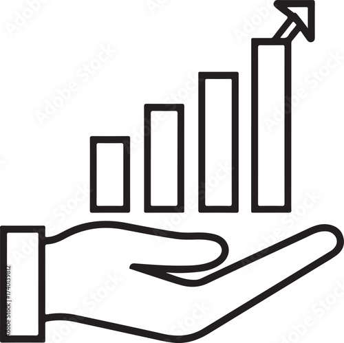 Outline of a hand holding a bar graph with an upward trending arrow symbolizing financial growth and investment