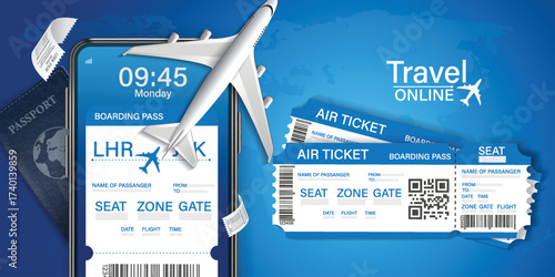 Airplane is taking off from passport with location pin. Luggage blue, air ticket and cloud float away. For media tourism advertising banner design. Holiday travel and Transport concept. 3D Vector.