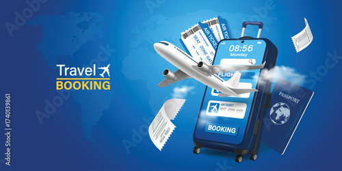 Airplane is taking off from passport with location pin. Luggage blue, air ticket and cloud float away. For media tourism advertising banner design. Holiday travel and Transport concept. 3D Vector.