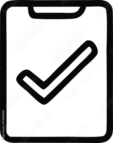 Simple hand drawn clipboard icon with a bold checkmark symbol representing task completion and approved status