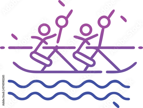 Stylized line art of a rowing team in purple and blue gradient on water boat waves
