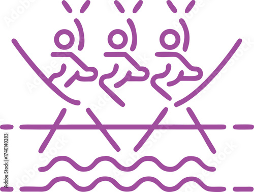 Stylized purple line art of three rowers in a boat on wavy water with oars rowing sport