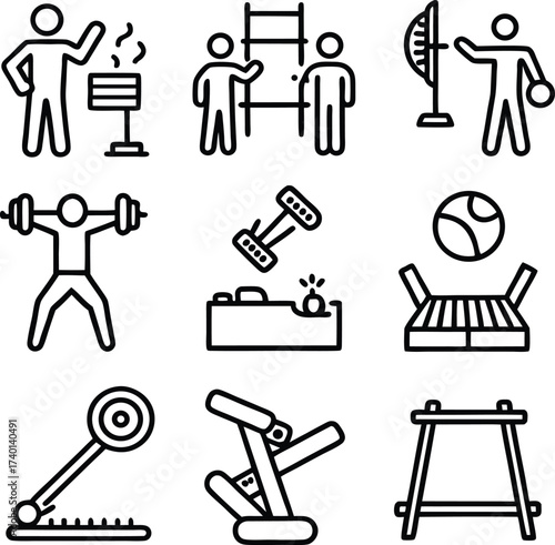 Fitness and exercise icons collection featuring weightlifting cardio machines and sports activities for health and wellness training