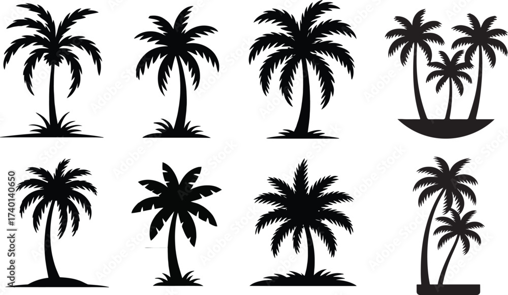 Fototapeta premium Palm tree silhouettes vector set black palm tree shapes collection, isolated vector on white background