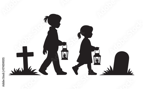 Two children carrying lanterns walking through a graveyard silhouette