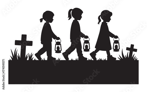 Three children walking in a cemetery carrying lanterns silhouette