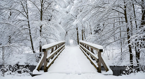 A snow covered wooden bridge leading into a forest on a cold winter day with snow covered trees ai generated