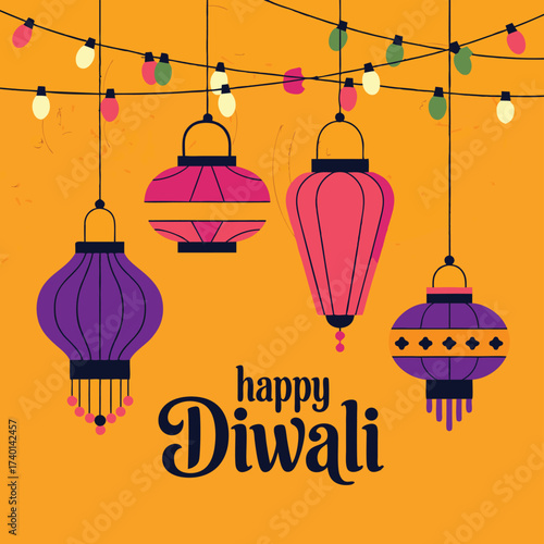 Happy Diwali celebration with colorful lanterns and string lights.