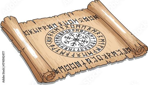 Ancient scroll with runic inscriptions and magical symbols