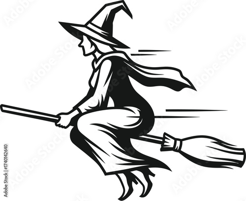 Witch flies on broomstick in black and white illustration