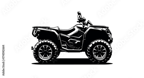 Black and white illustration of a four-wheel all-terrain vehicle ATV on a white background quad bike