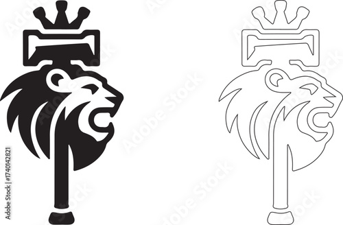 Roaring Lion Head with Crown on Scepter or Hammer Logo