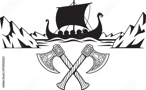 Viking Longship Drakkar Sailing with Crossed Axes Emblem