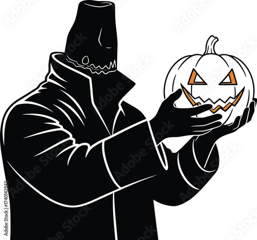 Halloween figure holds a carved pumpkin in a spooky scene